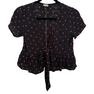Brandy Melville John Gault Black Red Floral Front Tie Babydoll Top Size XS/S